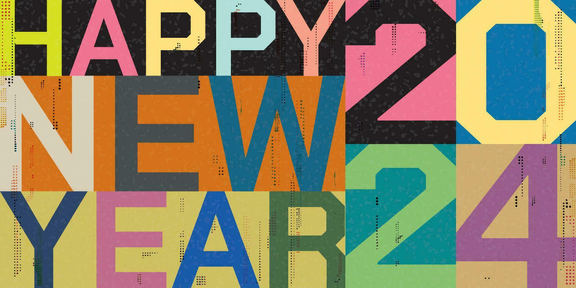 vistoso contento nuevo año 2024 caligrafía retro estilo plano diseño vector ilustración con risografía impresión efecto.