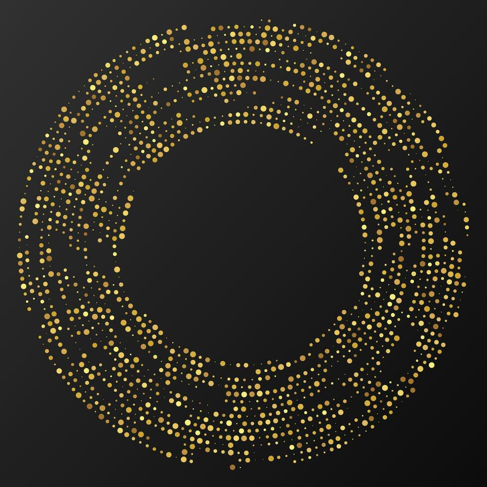 Abstract gold glowing halftone dotted background. Gold glitter pattern in circle form. Circle halftone dots. Vector illustration