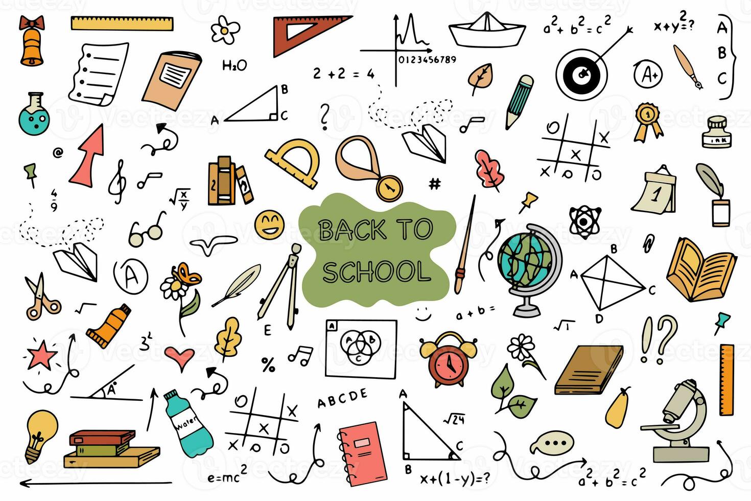 Background of school icons in doodle style. School education. Back to school doodle drawing. Vector photo