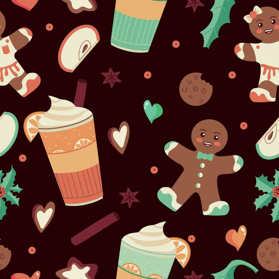 Seamless ornament with winter treats - gingerbread, warming drinks, spices. Hand drawn Christmas and New Year elements for designer wrapping paper. Vector