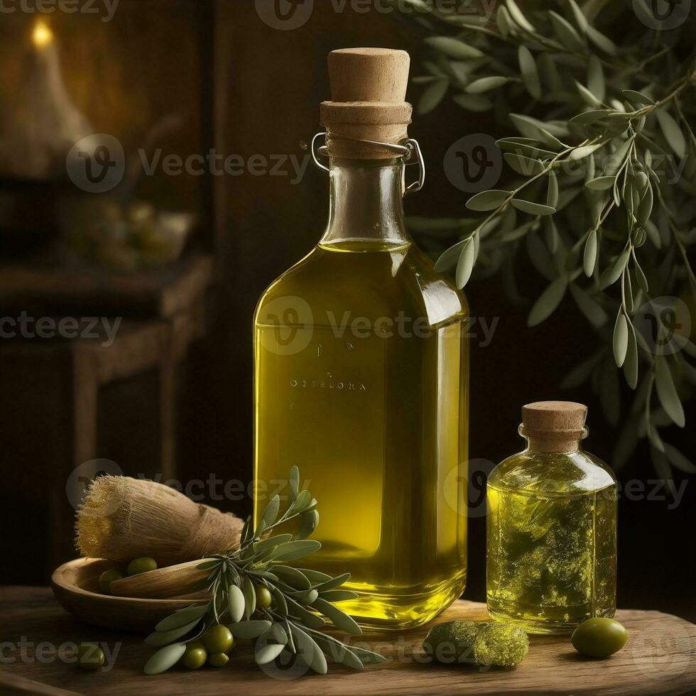 Photo olives and olive oil in bottle close-up with olive branch