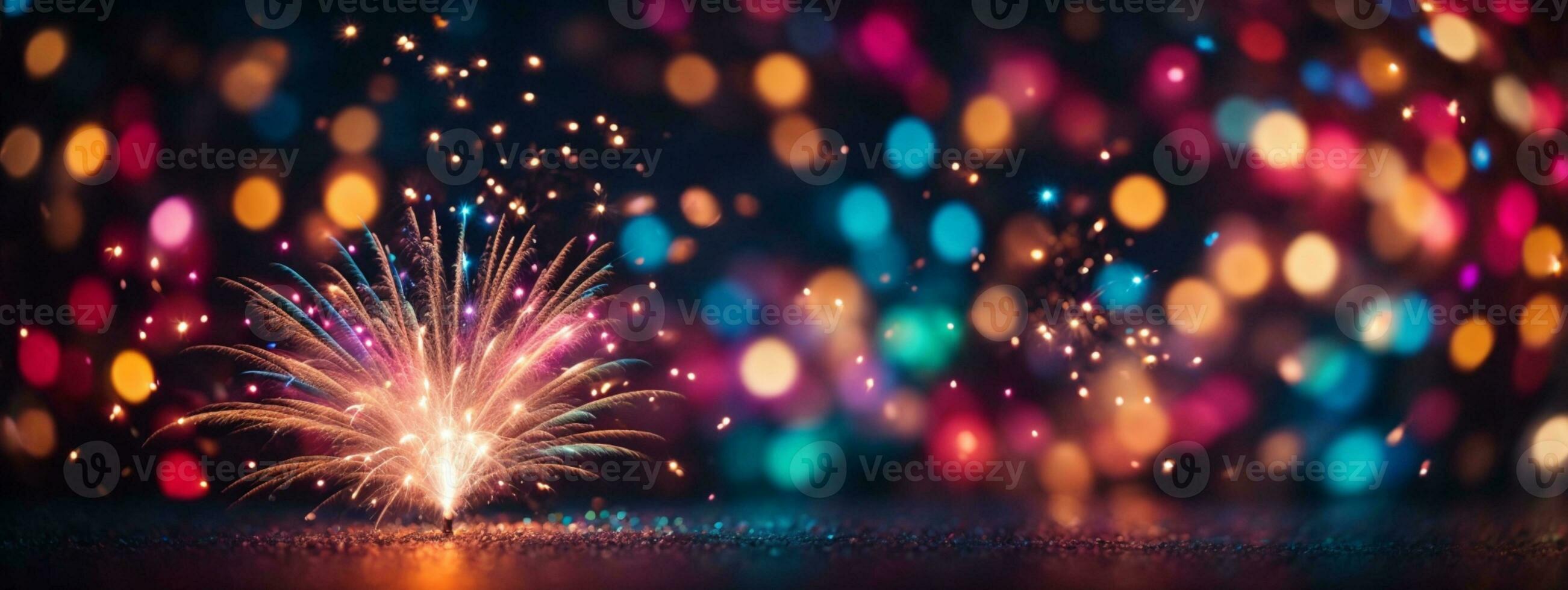 Colorful firework with bokeh background. New Year celebration, Abstract holiday background. AI generated photo