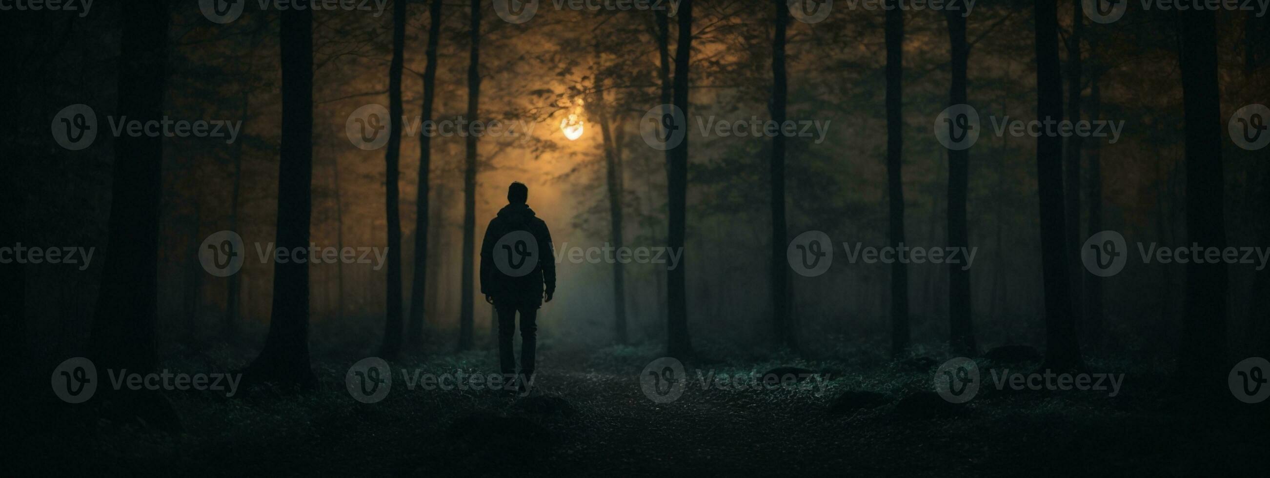 silueta de solitario hombre en bosque. ai generado foto