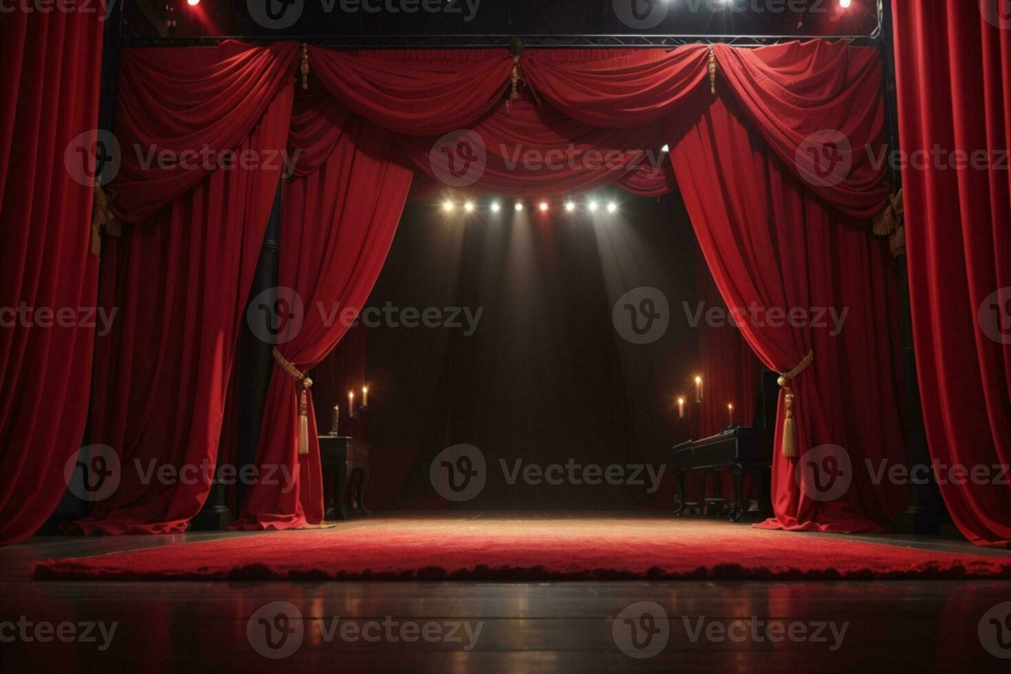 Red stage curtain with arch entrance. AI generated photo