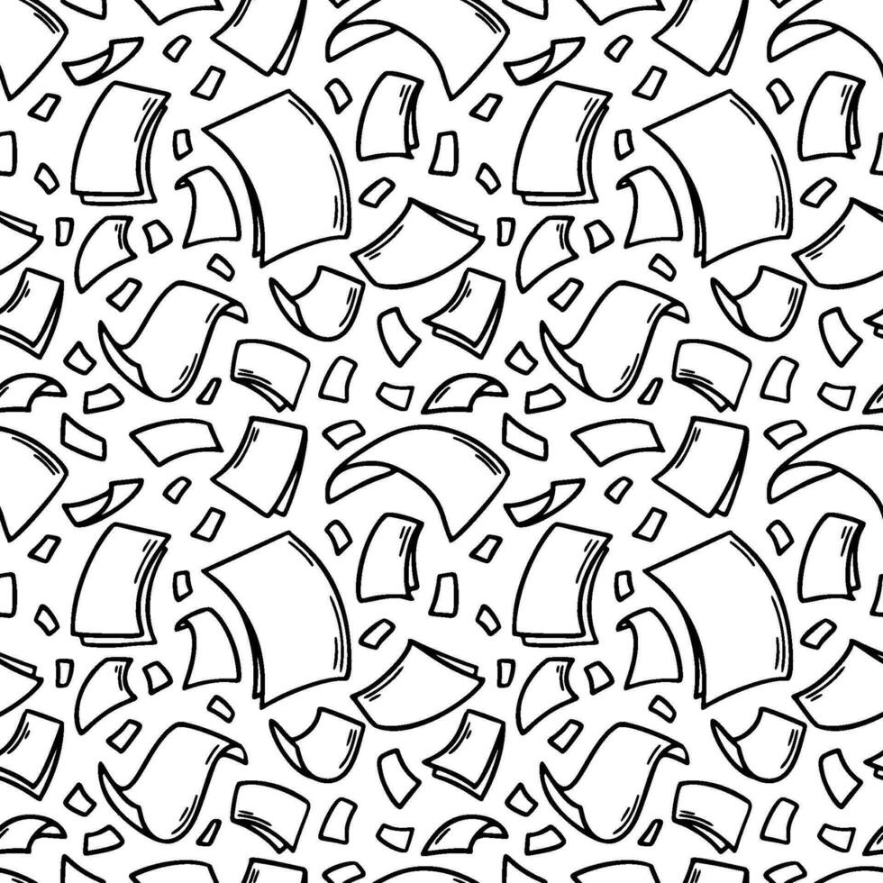 Flying paper sheets seamless pattern in doodle style. Hand drawn blank document pages. Falling files of documents. Office business vector illustration