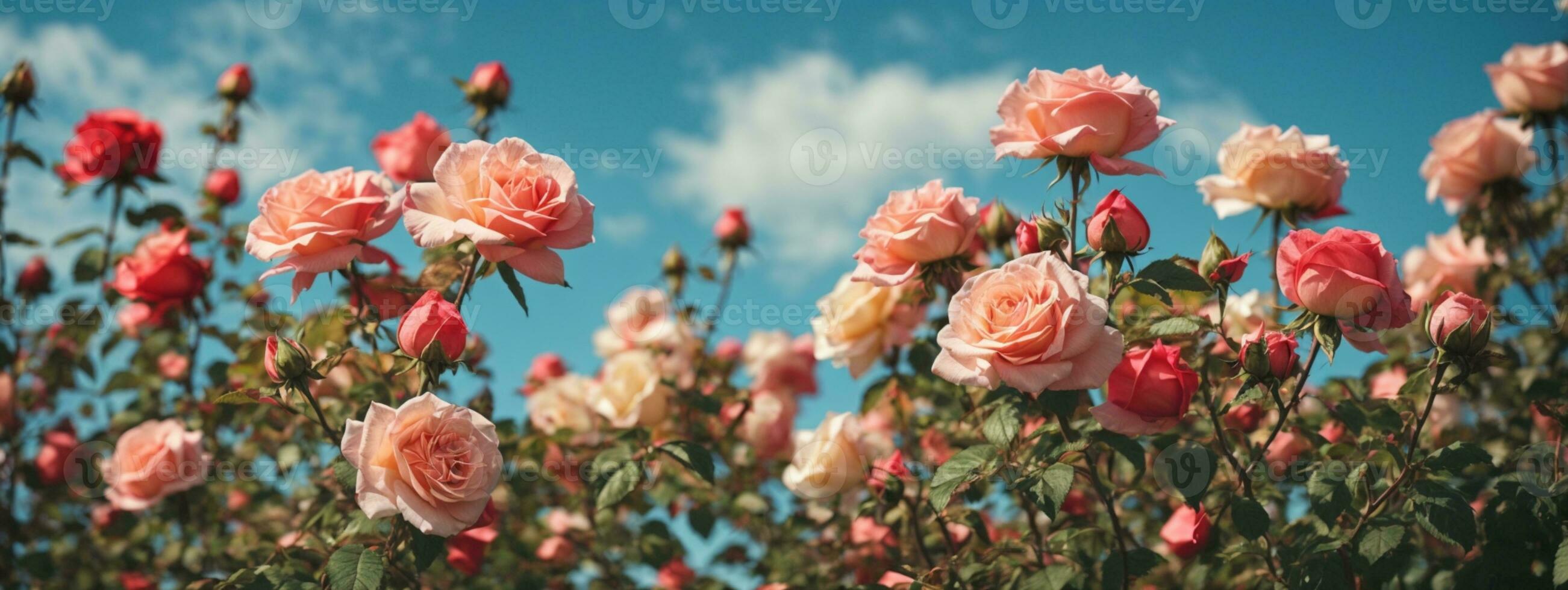 hermosa primavera borde, floreciente Rosa arbusto en un azul antecedentes. floración Rosa caderas en contra el azul cielo. suave selectivo enfocar. ai generado foto