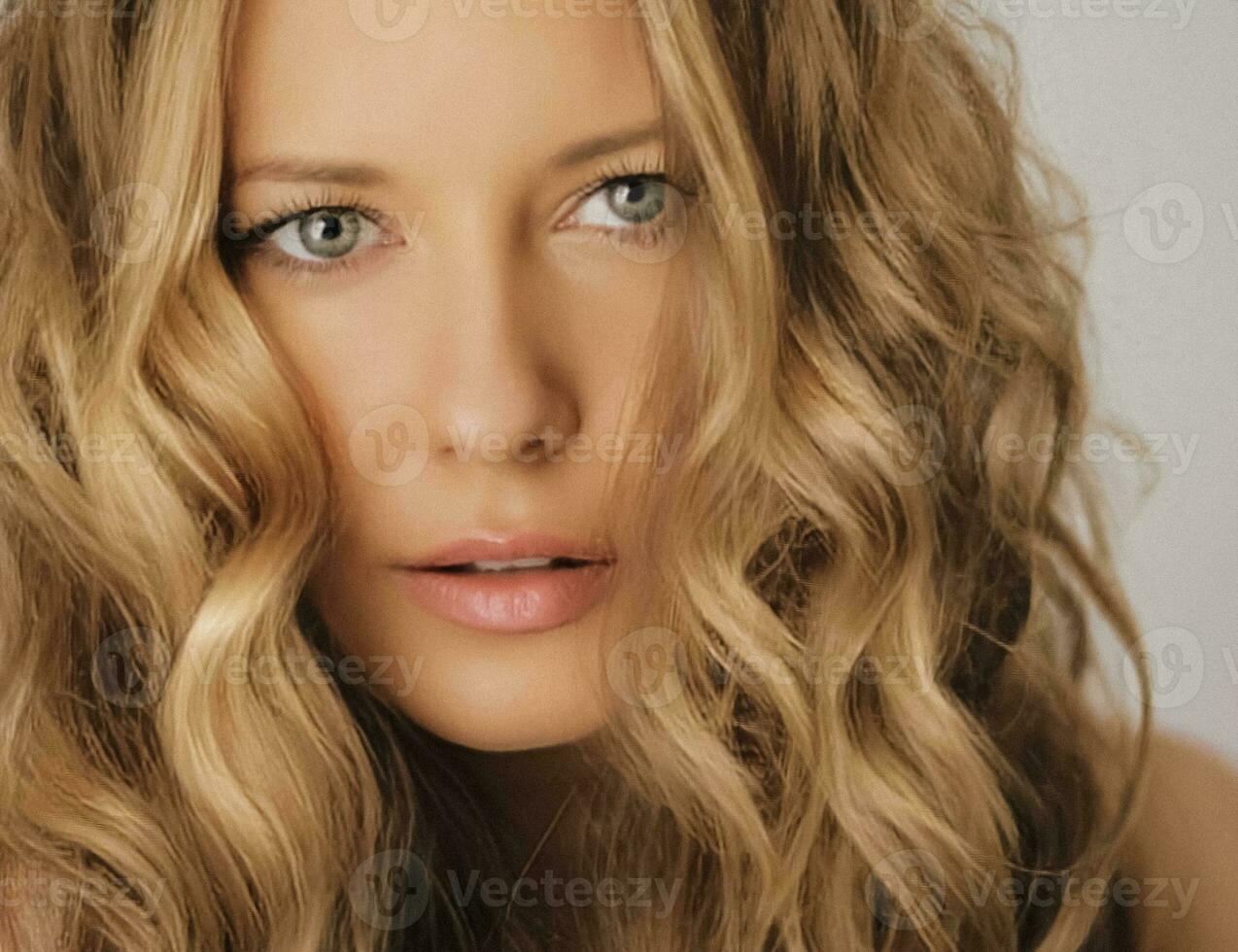 peinado modelo y belleza cara de cerca. hermosa rubia mujer con largo Derecho rubio pelo estilizado en Rizado ondas, clásico glamour estilo y lujo Moda retrato foto