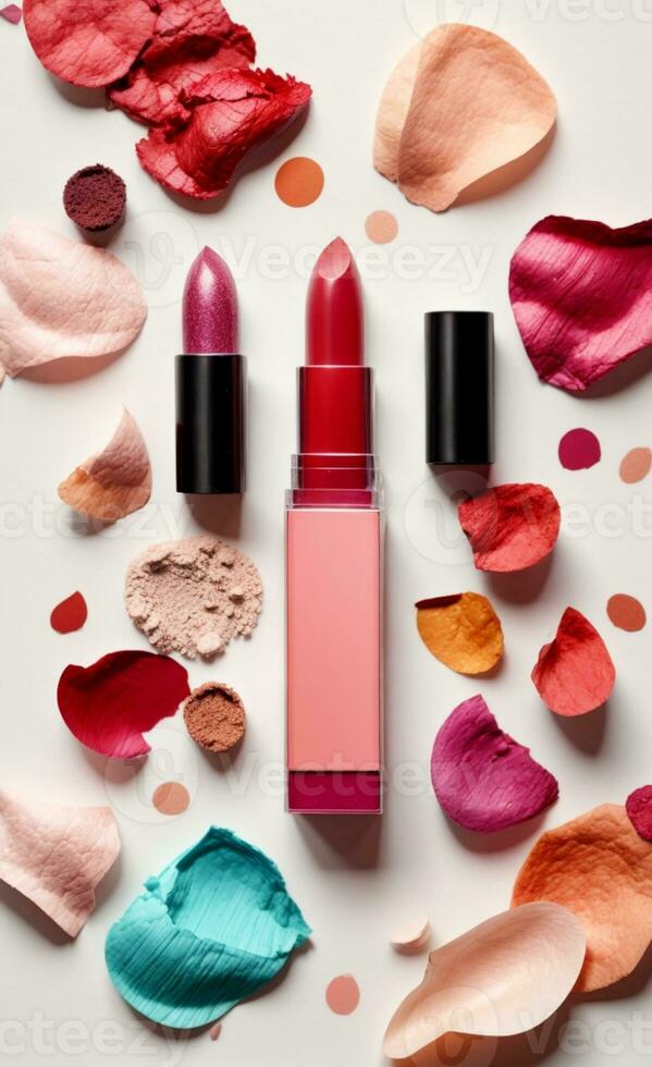 Creative concept photo of cosmetics swatches beauty products lipstick on white background.. AI generated