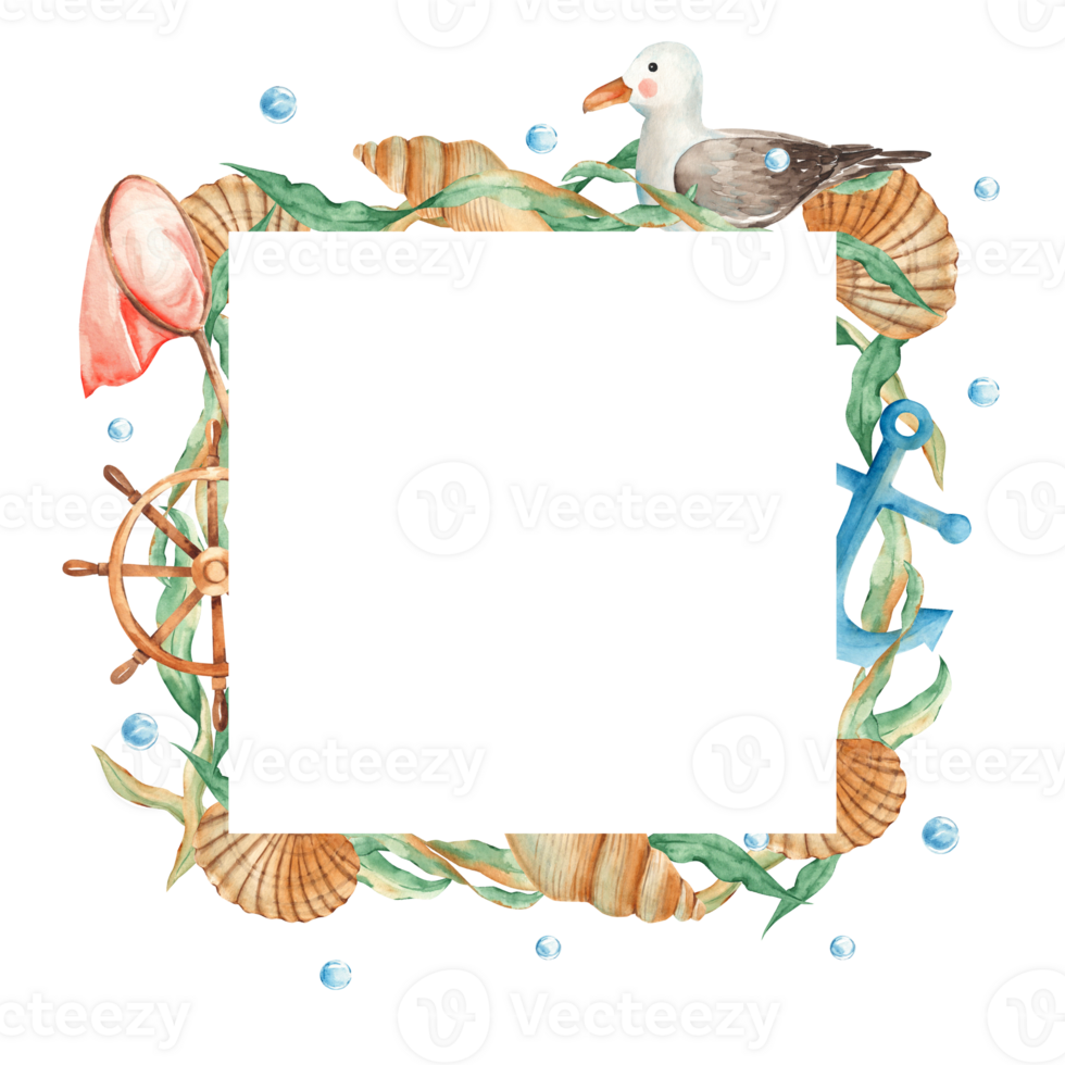 Sea square frame, cute sea gull, wooden steering wheel, seashells, nautical anchor, orange net, seaweeds and water bubbles. Marine design. Watercolor hand drawn illustration png