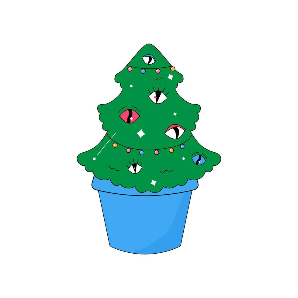 potted eco Christmas tree . Decorated with eyes. psychedelic groovy xmas. vector