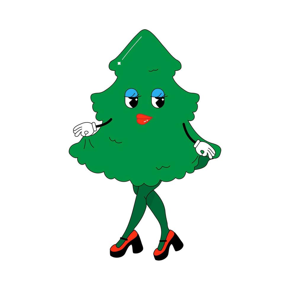 Psychedelic groovy Christmas tree, with 80s female legs, character . vector