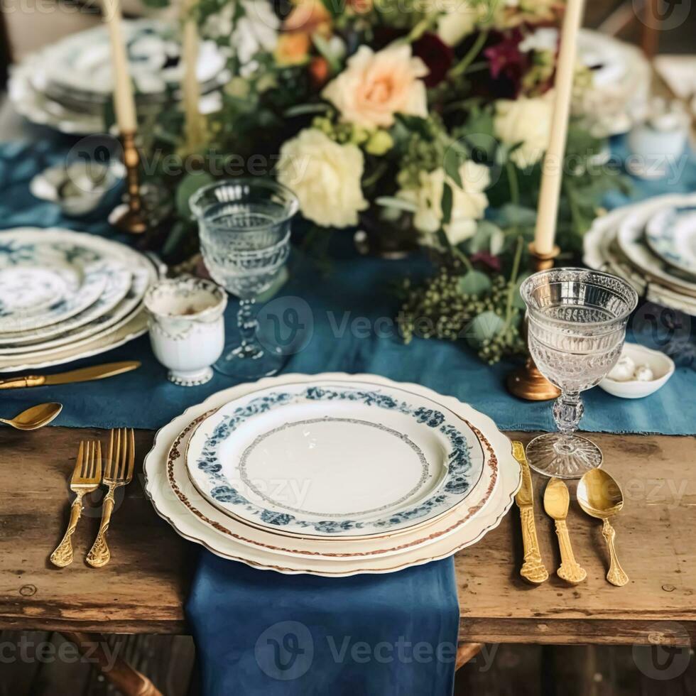 Formal holiday tablescape with blue decor, dinner table setting, table scape with elegant tableware and dinnerware for wedding party and event, generative ai photo