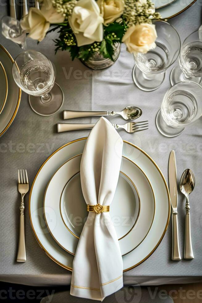 Elegant dinner table setting arrangement in English country style as