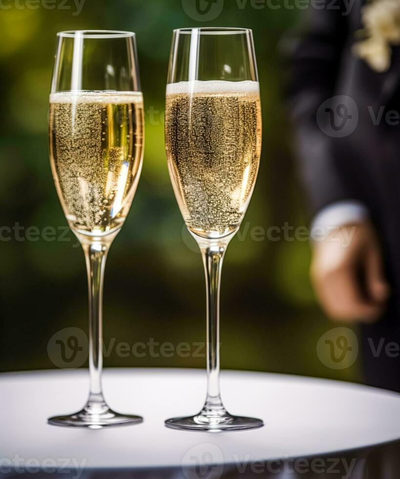lujo servicio, lentes de champán servido por un camarero a un Boda celebracion o evento en formal Inglés estilo a lujoso hotel o país inmuebles jardín, generativo ai foto