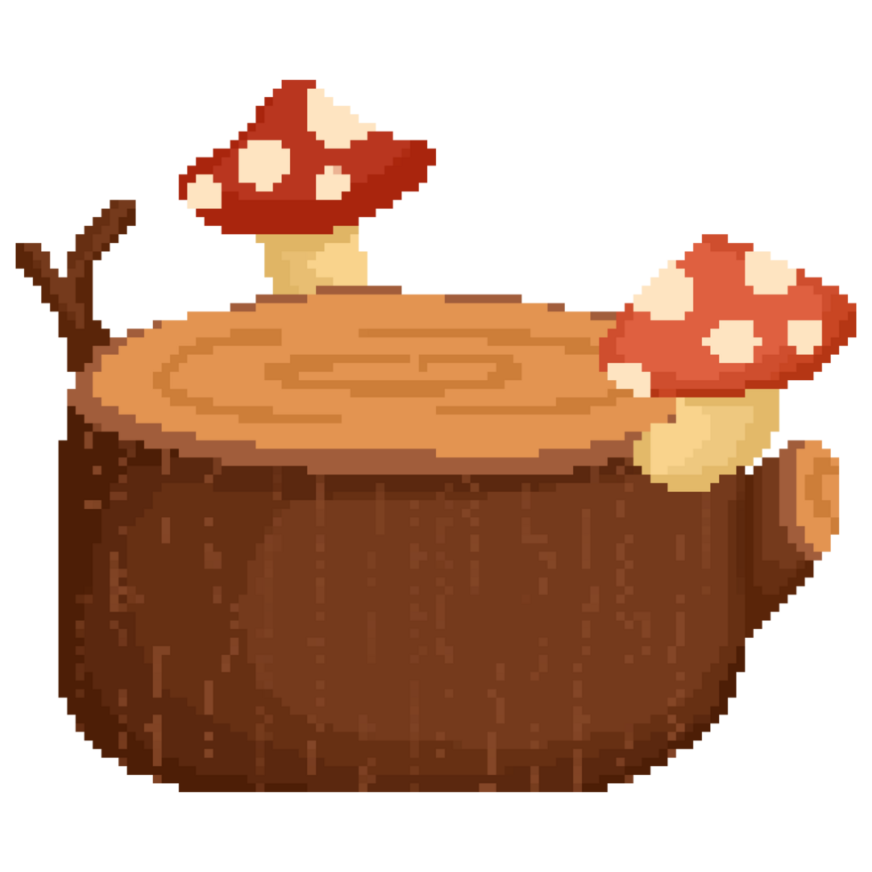 Isolated cute stump wood with red mushroom in pixel art png