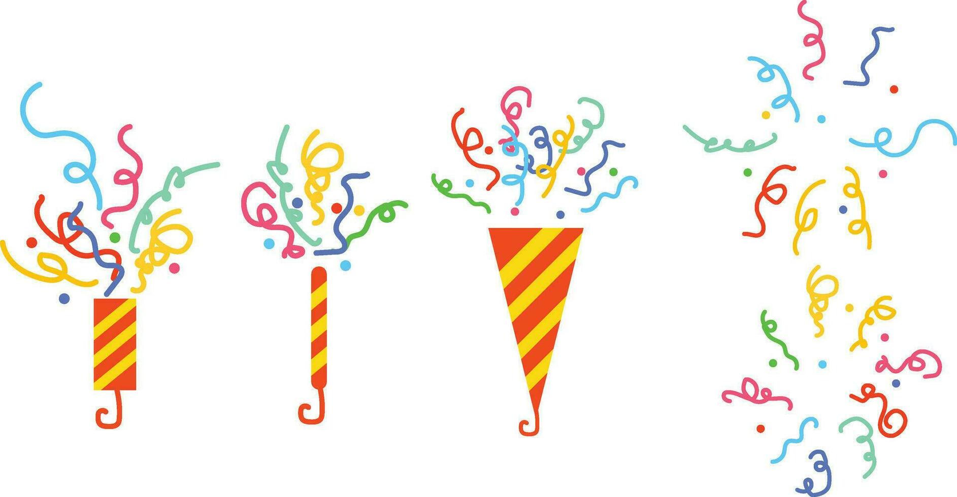 collection of cute party popper illustrations. confetti. explosion. firecrackers. celebration. holiday. big discount. birthday celebration trumpet. Vector image. Hand drawn style.