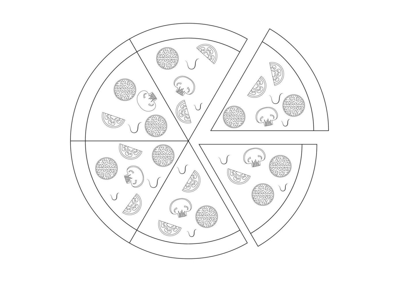 colorante página de un pepperoni queso Pizza plano diseño vector