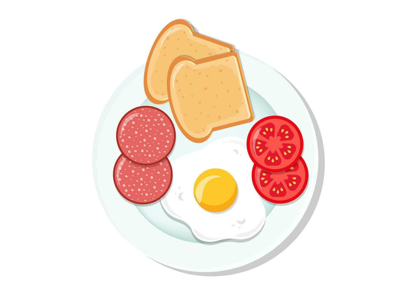 Breakfast Plate with Fried Egg, Tomato Pepperoni and Toasted Bread Vector Flat Design