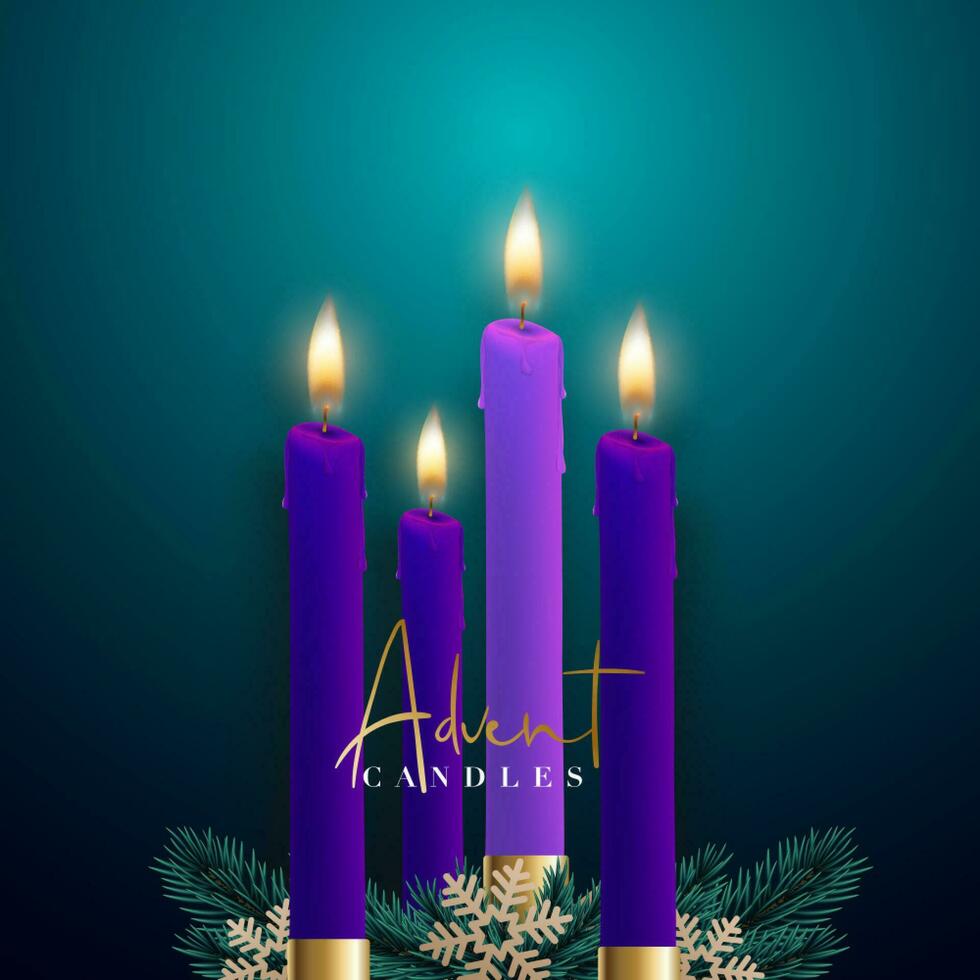 Realistic four Purple candles on dark green background. vector