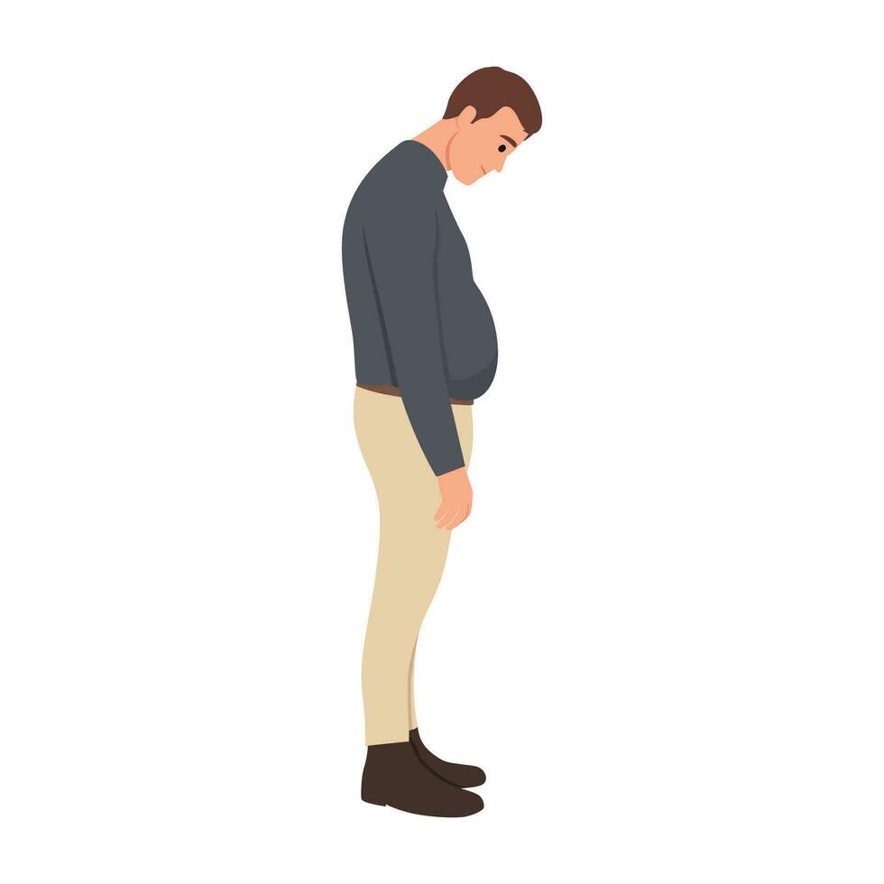 Young overweight man worries about his fat belly. Sad chubby guy looking on big full tummy. Weight loss, diet concept. vector