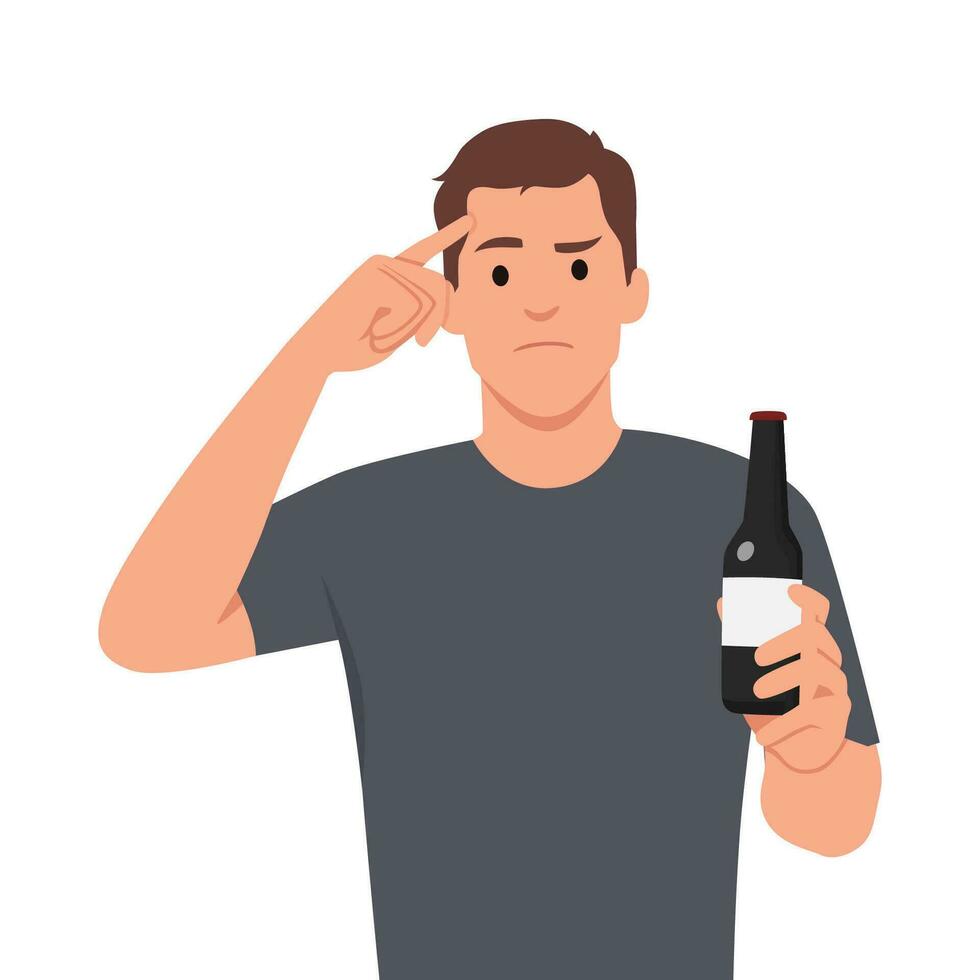 Young man refuse drinking alcohol. Decisive male make hand gesture sign say stop no to alcoholic cocktail. Pointing his forehead ask people to think. Angry. vector