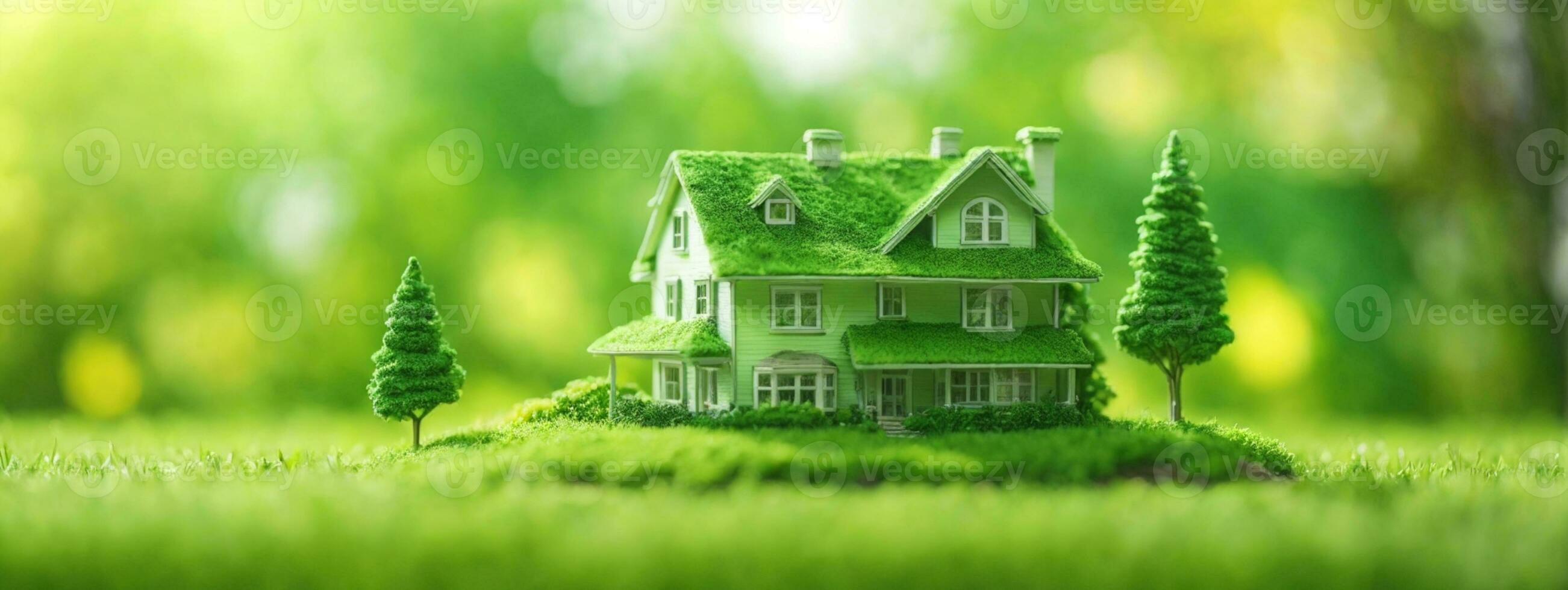 Copy space of home and life concept. Small model home on green grass with sunlight abstract background.. AI generated photo