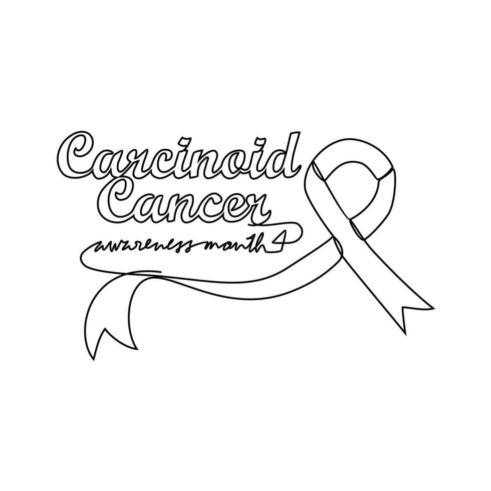 One continuous line drawing of Carcinoid cancer awareness month with white background. Awareness ribbon design in simple linear style. healthcare and medical design concept vector illustration.