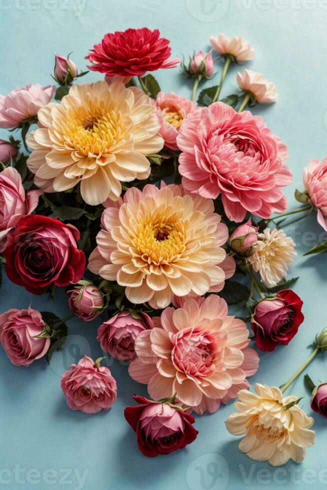 Flowers composition. Rose flowers on blue background. Valentines day, mothers day, womens day concept. Flat lay, top view, copy space. AI generated photo
