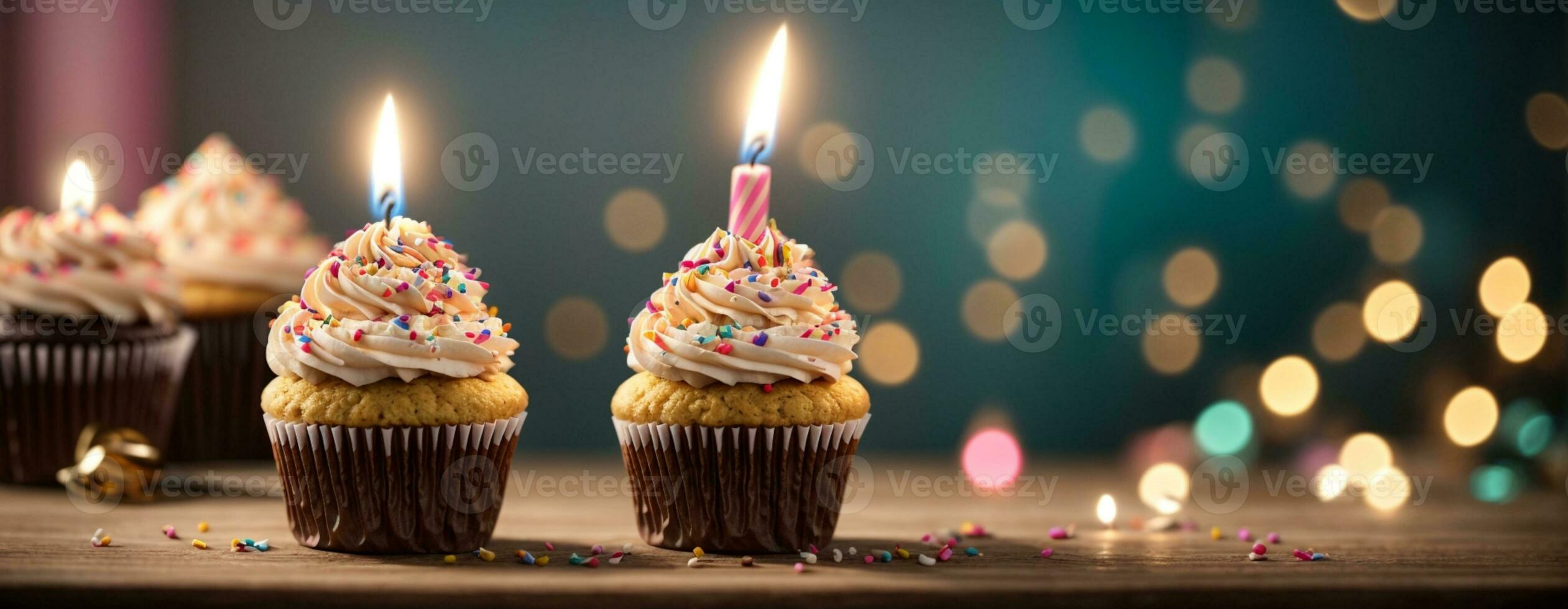 Delicious birthday cupcake on table on light background. AI generated photo