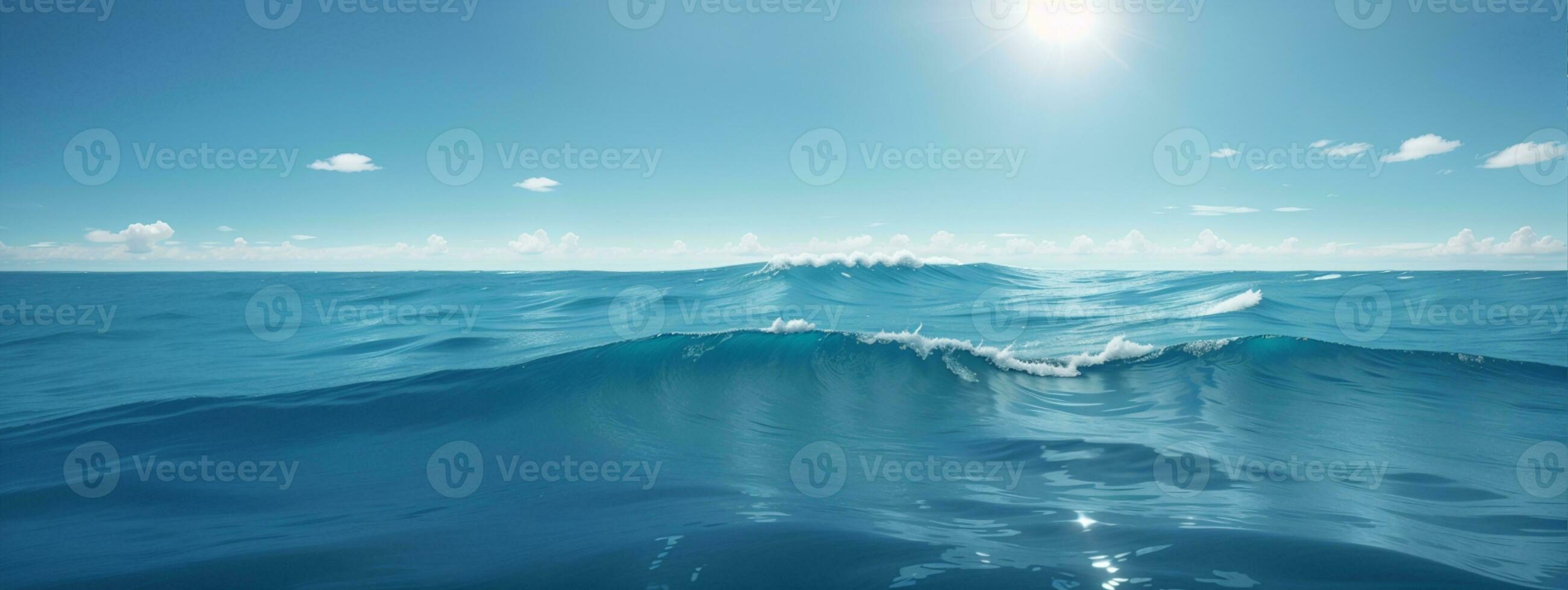 Blue ocean panorama with sun reflection, The vast open sea with clear sky, Ripple wave and calm sea with beautiful sunlight. AI generated photo