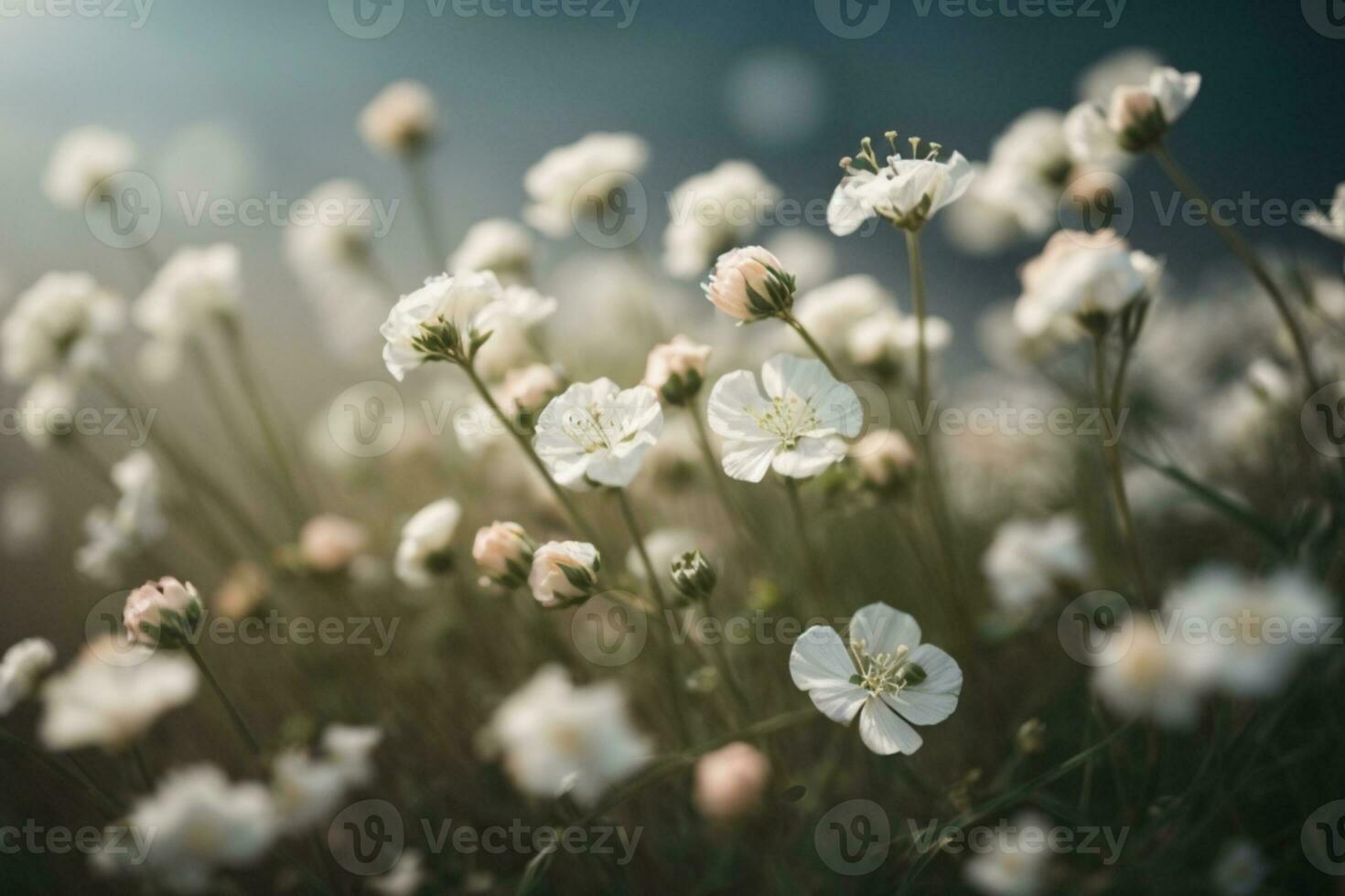 Gypsophila dry little white flowers light macro. AI generated photo