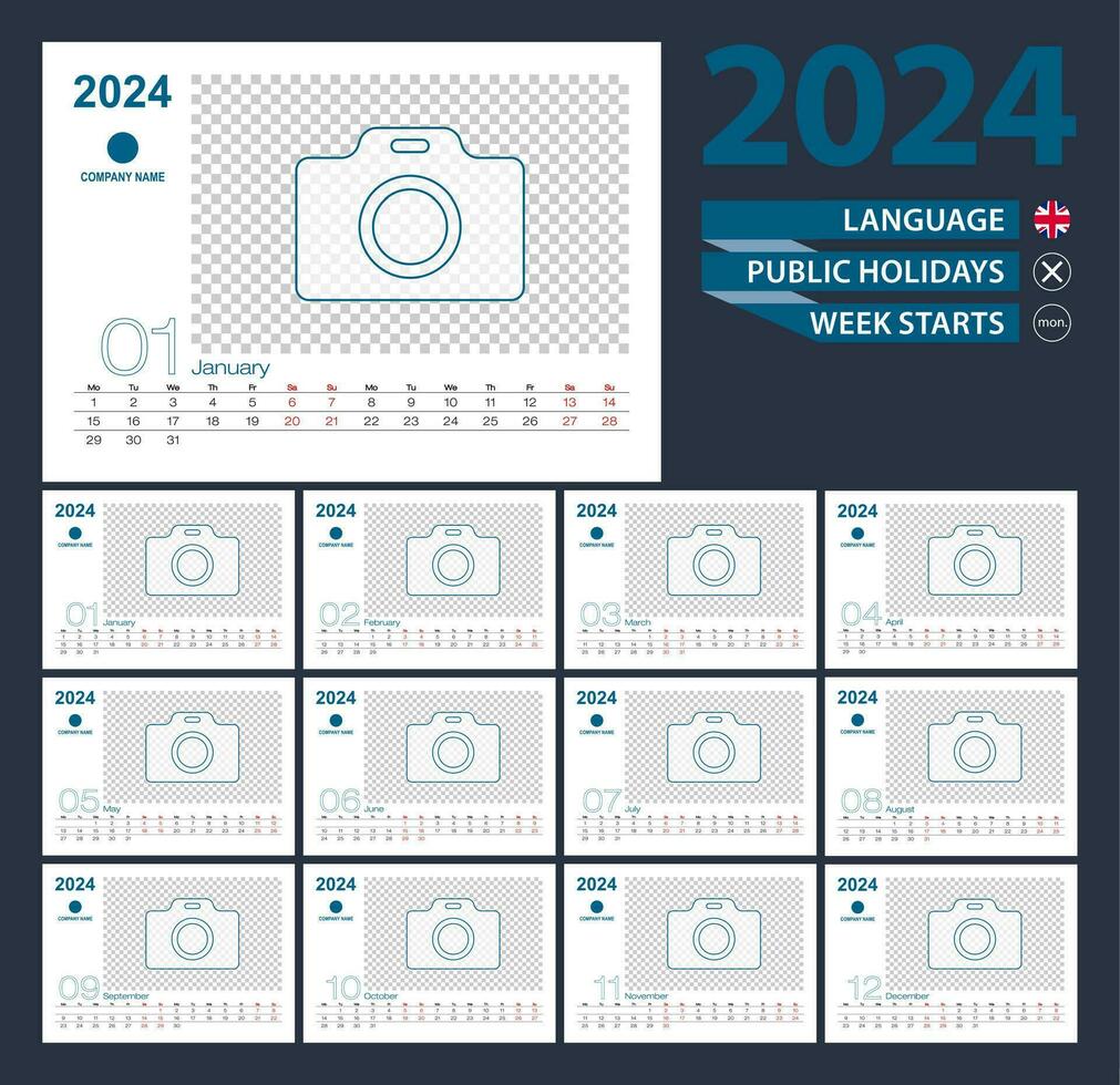 Desk calendar 2024, 2 week grid in English. Place for photo for illustration. vector