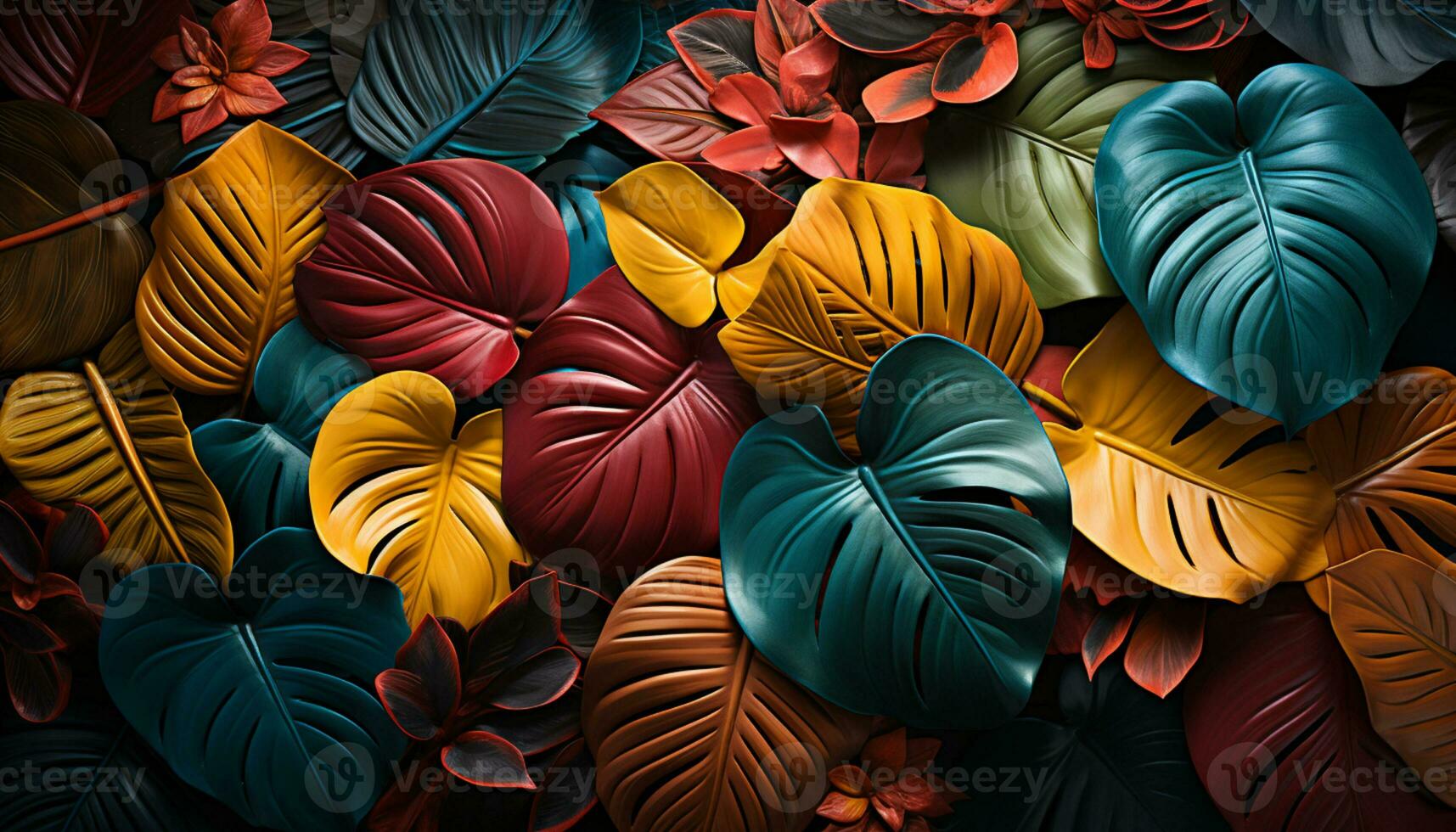 Multicolor leaves background. Plants and leaves of the Amazonian vegetation.Tropical Design - Eco and Tropical Leaves in Vibrant Tones. Generative AI, photo