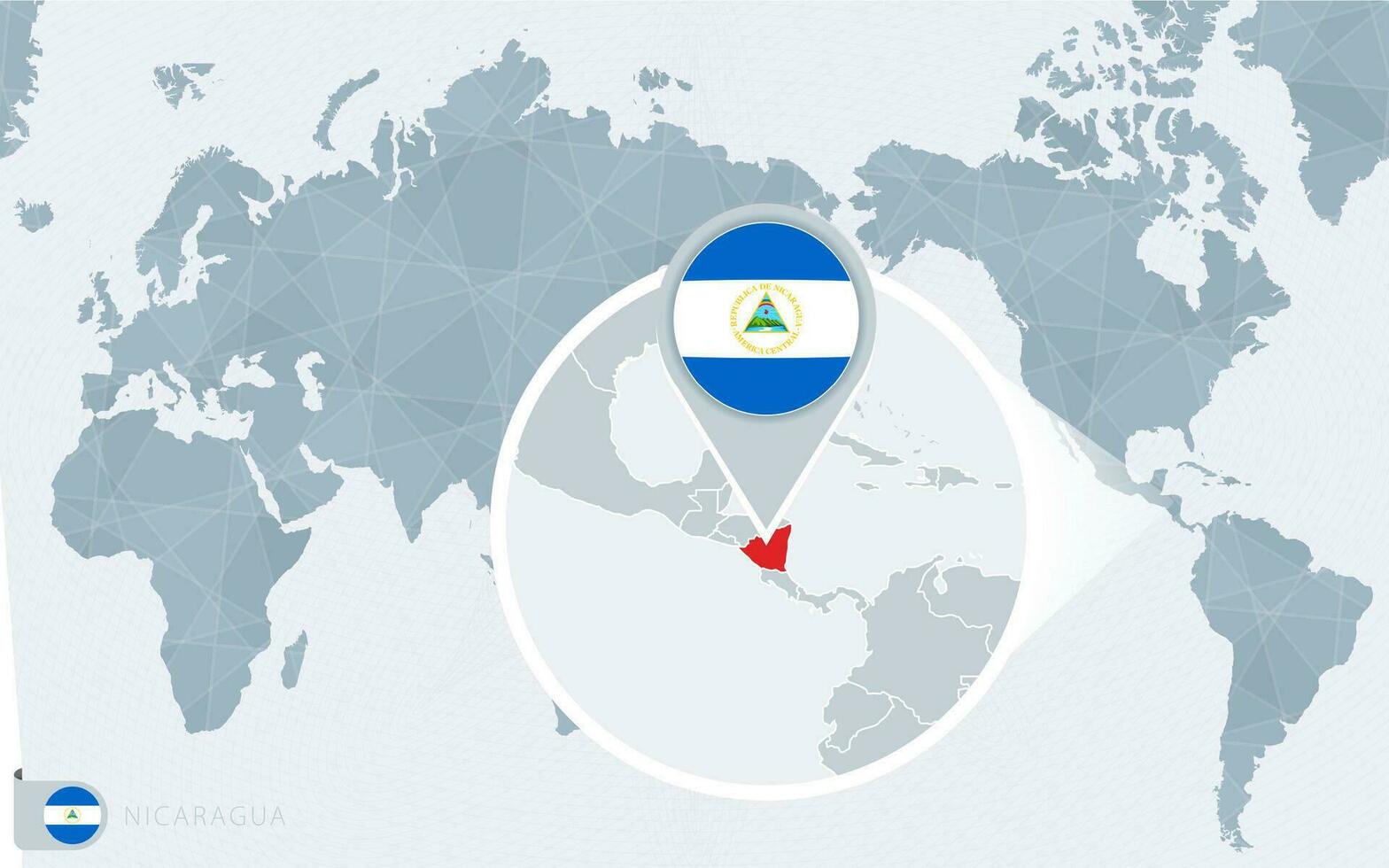 Pacífico centrado mundo mapa con magnificado Nicaragua. bandera y mapa de Nicaragua. vector