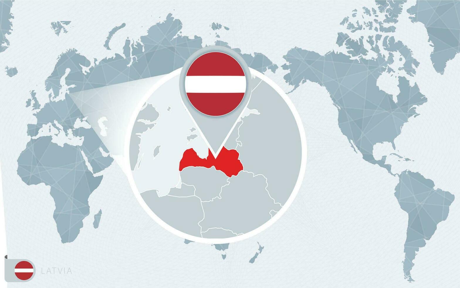 Pacífico centrado mundo mapa con magnificado letonia bandera y mapa de letonia vector