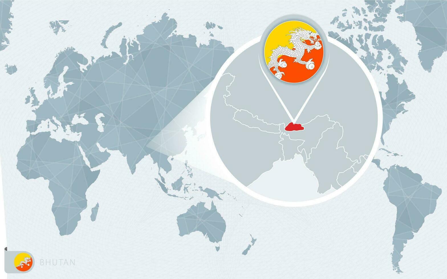 Pacific Centered World map with magnified Bhutan. Flag and map of Bhutan. vector
