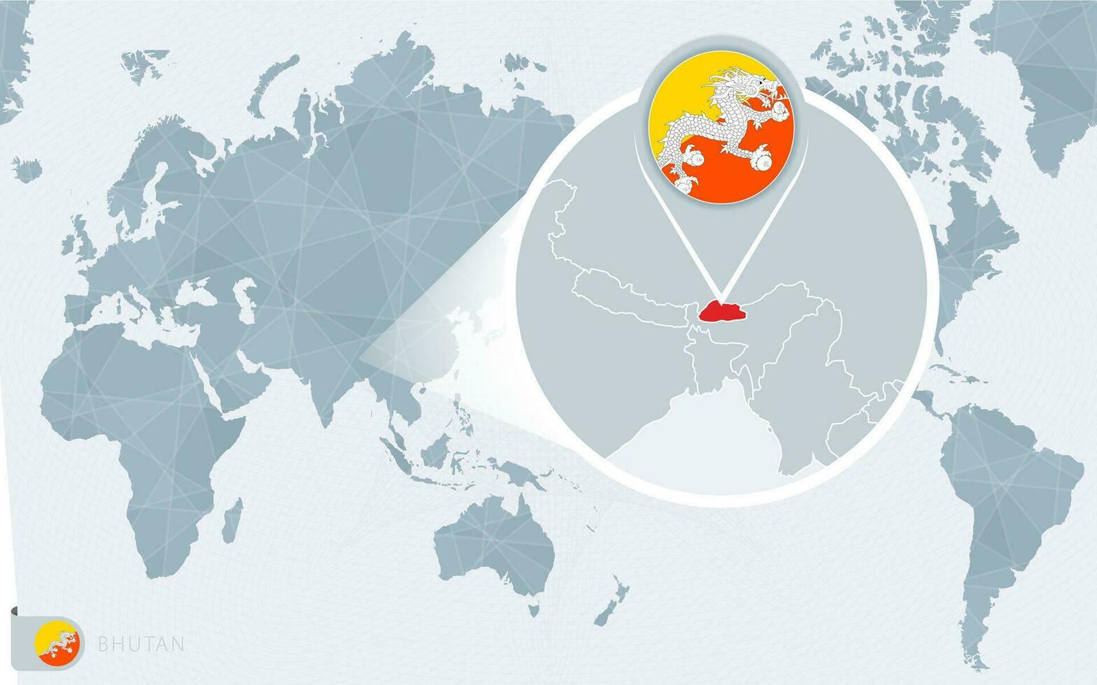 Pacífico centrado mundo mapa con magnificado bután bandera y mapa de bután vector