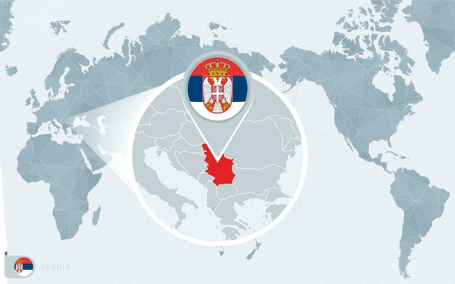 Pacific Centered World map with magnified Serbia. Flag and map of Serbia. vector