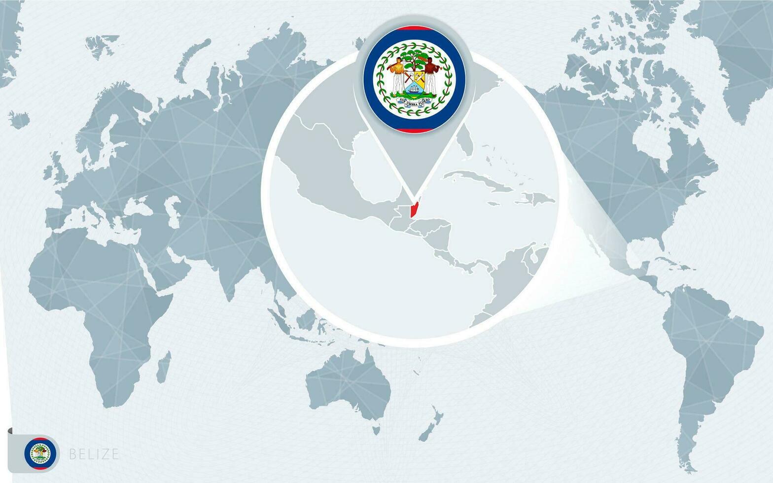 Pacífico centrado mundo mapa con magnificado belice bandera y mapa de belice vector