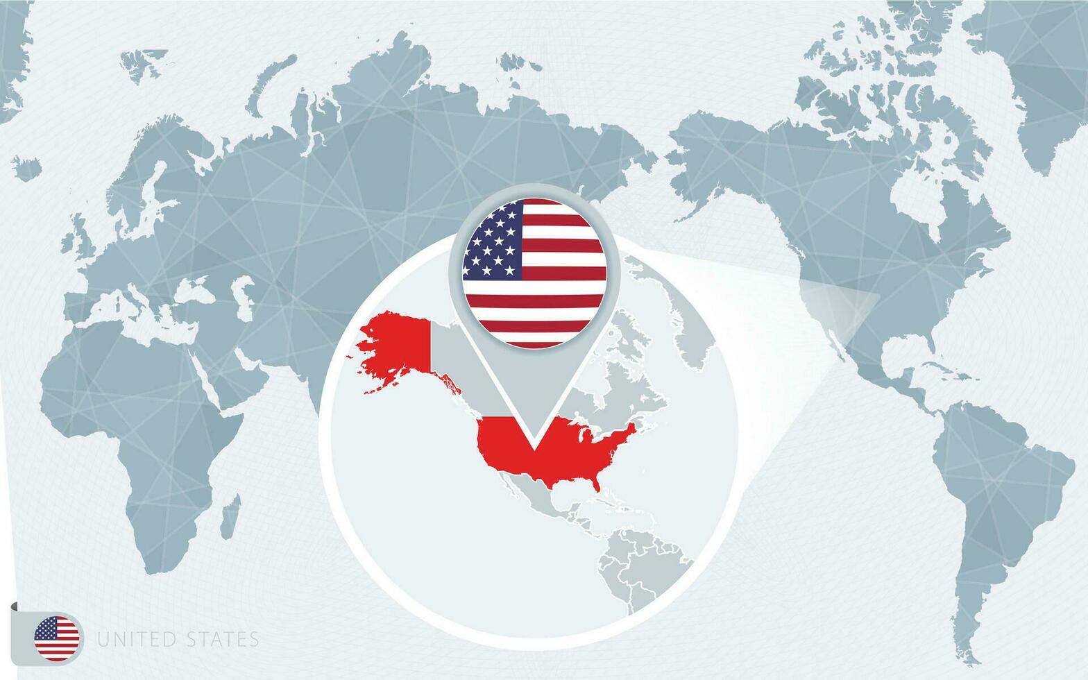 Pacific Centered World map with magnified USA. Flag and map of USA. vector