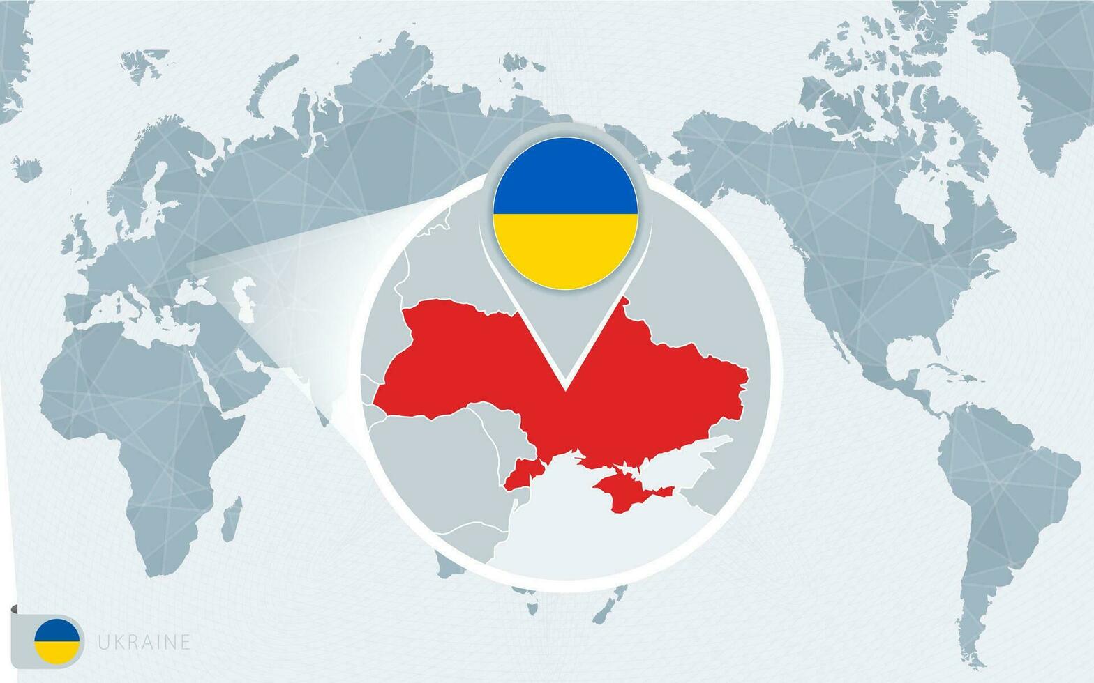 Pacific Centered World map with magnified Ukraine. Flag and map of Ukraine. vector
