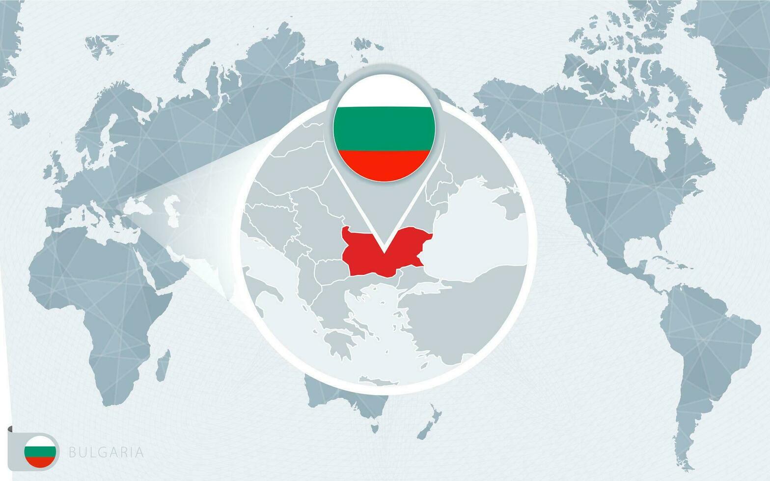 Pacific Centered World map with magnified Bulgaria. Flag and map of Bulgaria. vector