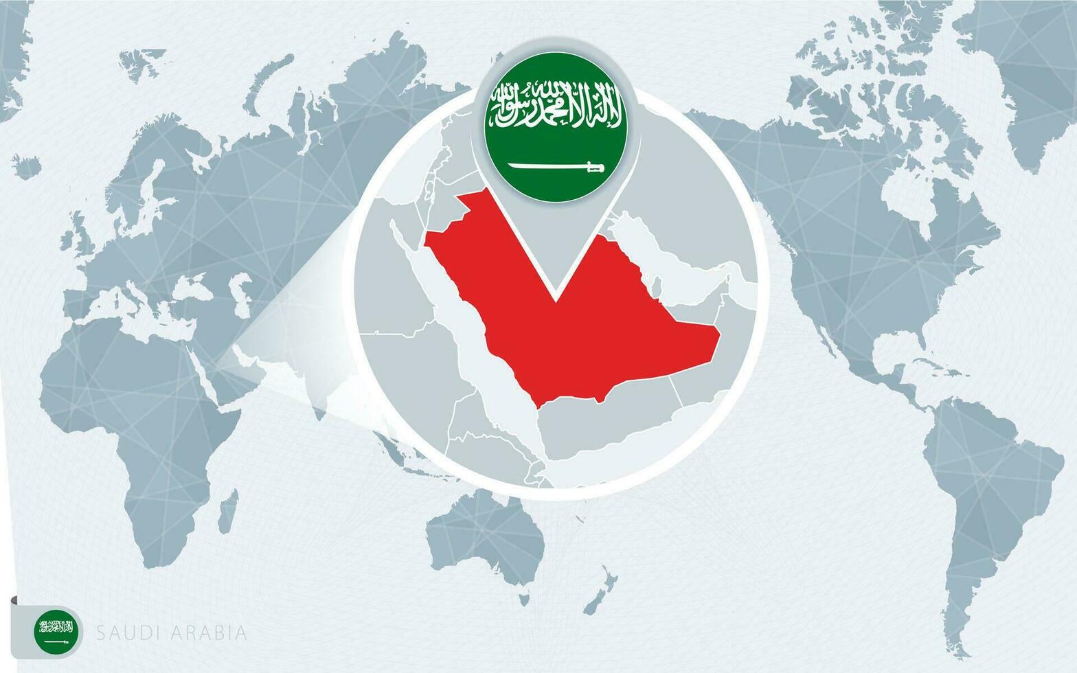 Pacífico centrado mundo mapa con magnificado saudi arabia bandera y mapa de saudi arabia vector