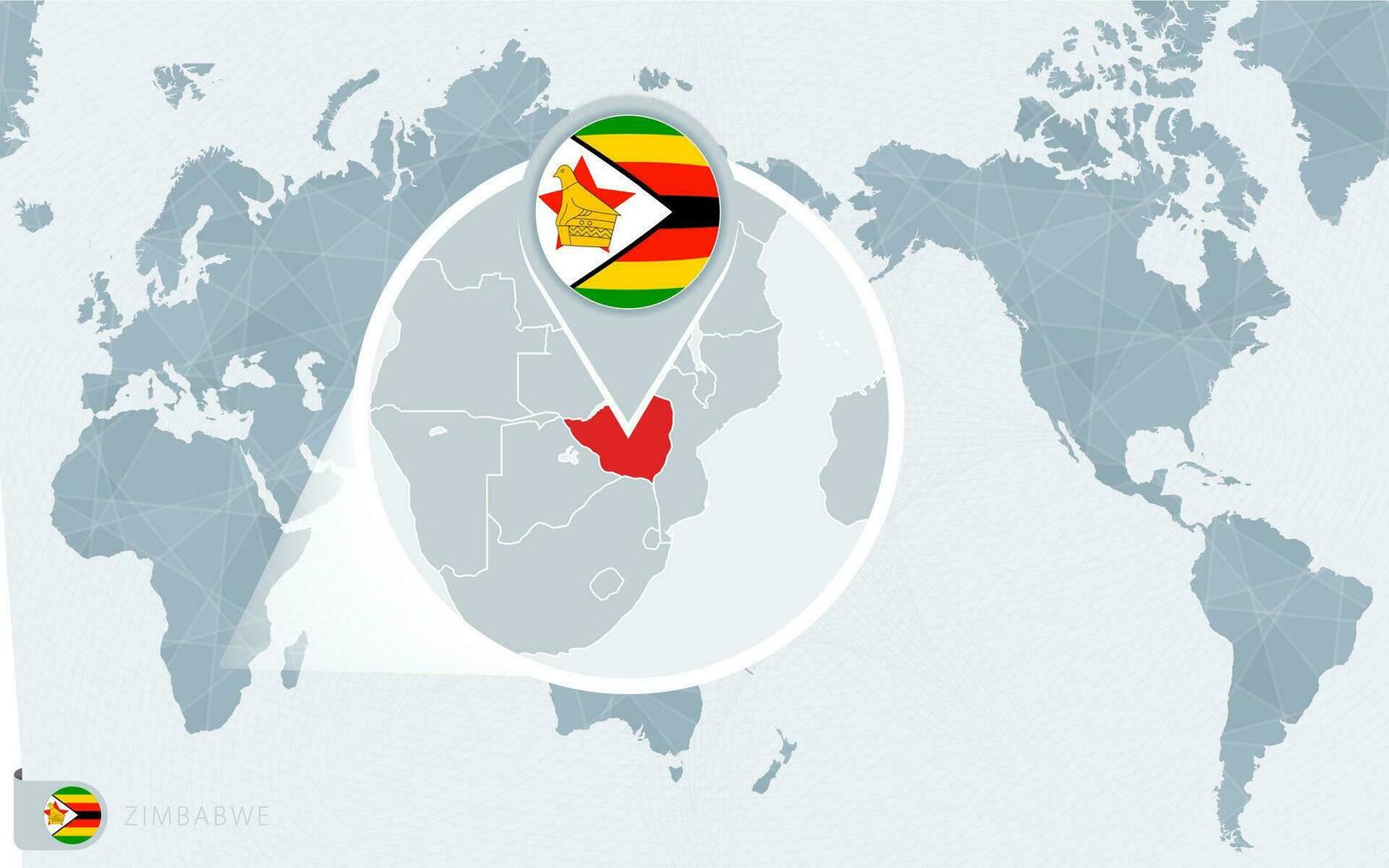 Pacífico centrado mundo mapa con magnificado Zimbabue. bandera y mapa de Zimbabue. vector