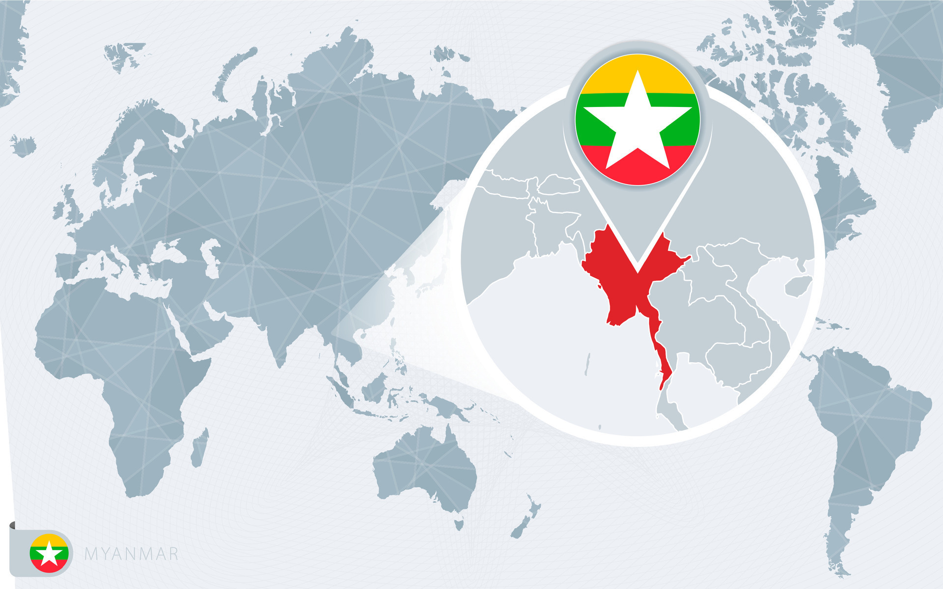 Pacific Centered World Map With Magnified Myanmar Flag And Map Of Pacific Centered World Map With Magnified Myanmar Flag And Map Of Myanmar Vector