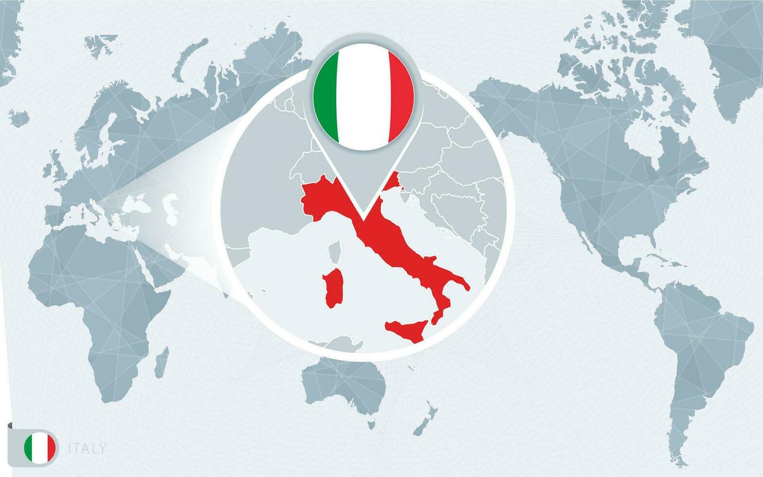 Pacífico centrado mundo mapa con magnificado Italia. bandera y mapa de Italia. vector