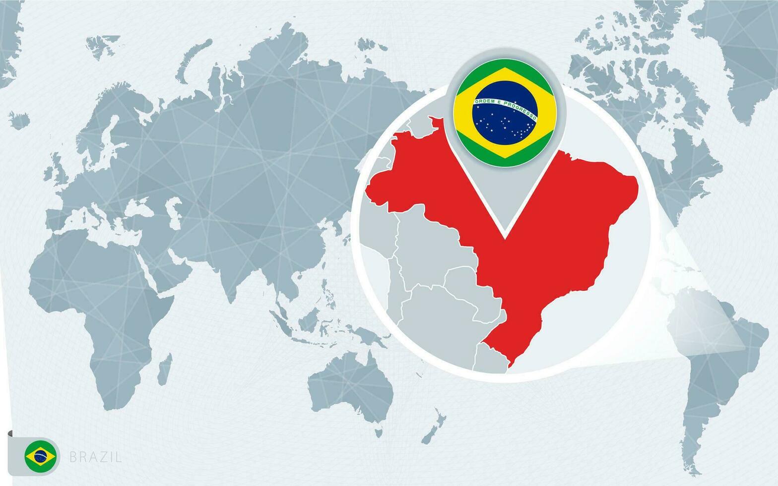 Pacific Centered World map with magnified Brazil. Flag and map of Brazil. vector