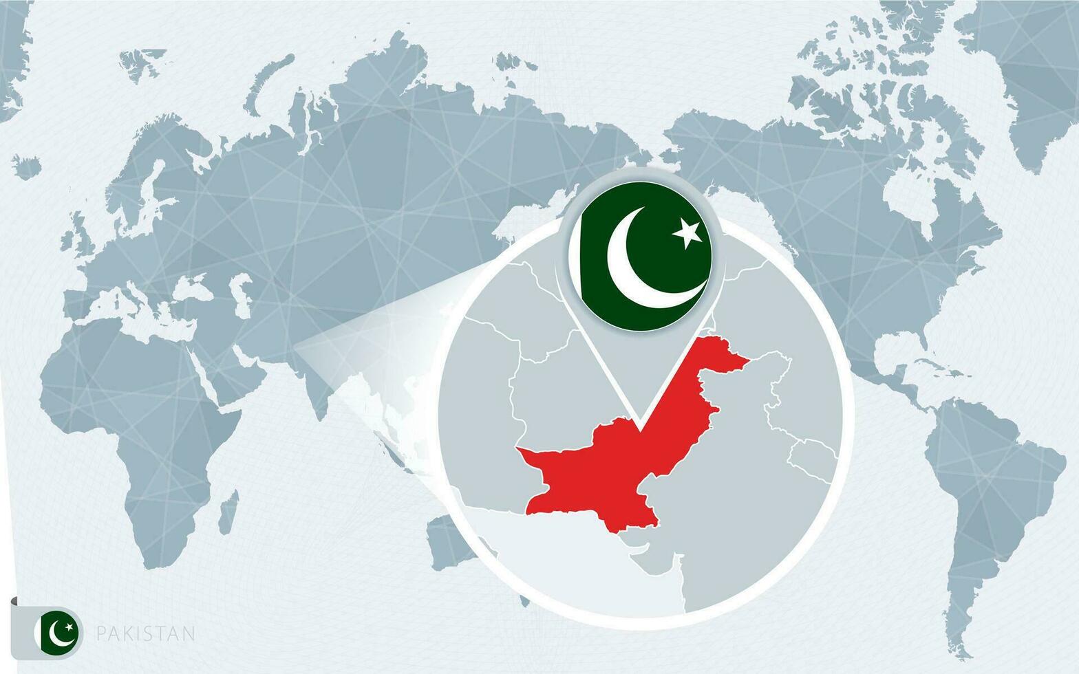 Pacífico centrado mundo mapa con magnificado Pakistán. bandera y mapa de Pakistán. vector