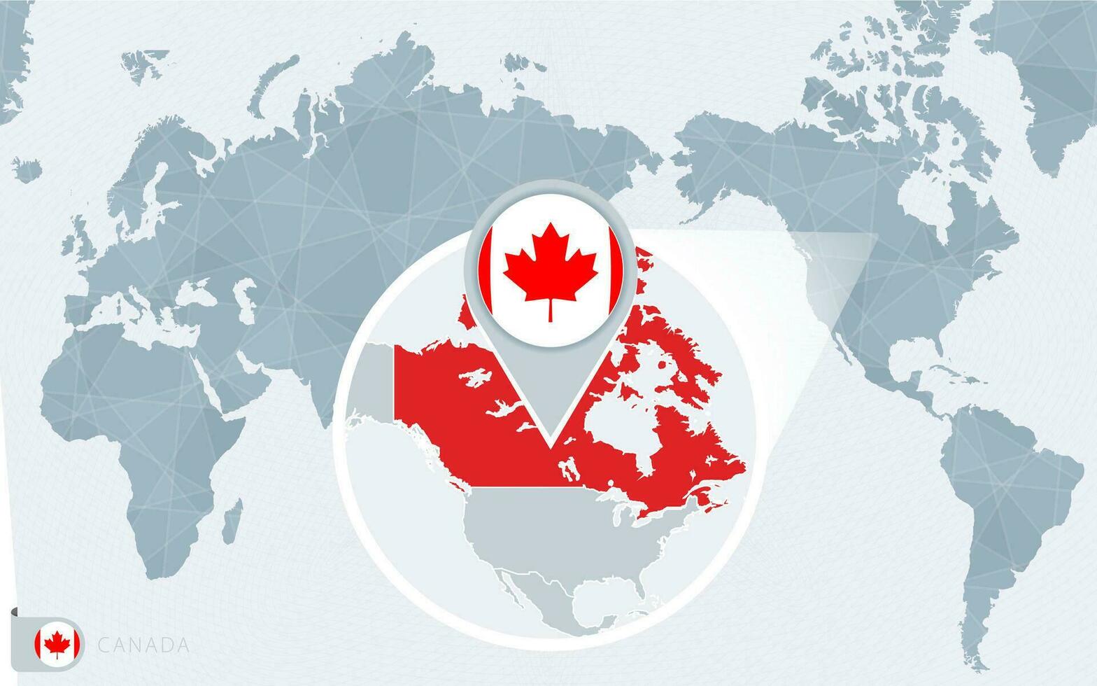 Pacífico centrado mundo mapa con magnificado Canadá. bandera y mapa de Canadá. vector