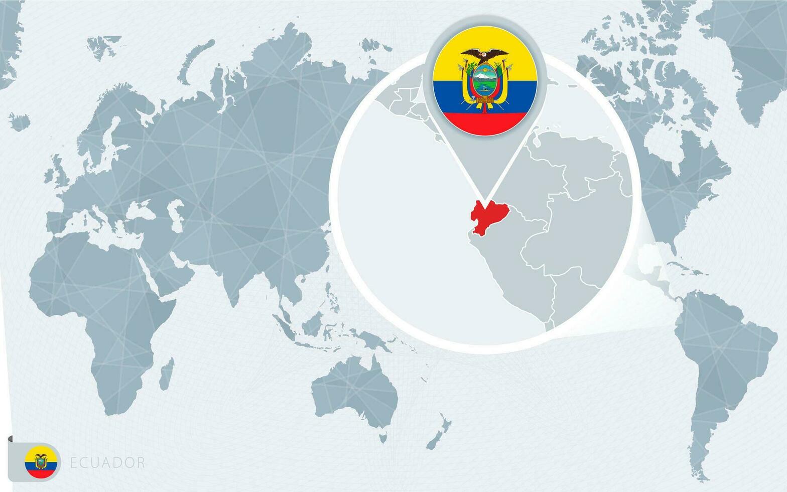 Pacific Centered World map with magnified Ecuador. Flag and map of Ecuador. vector